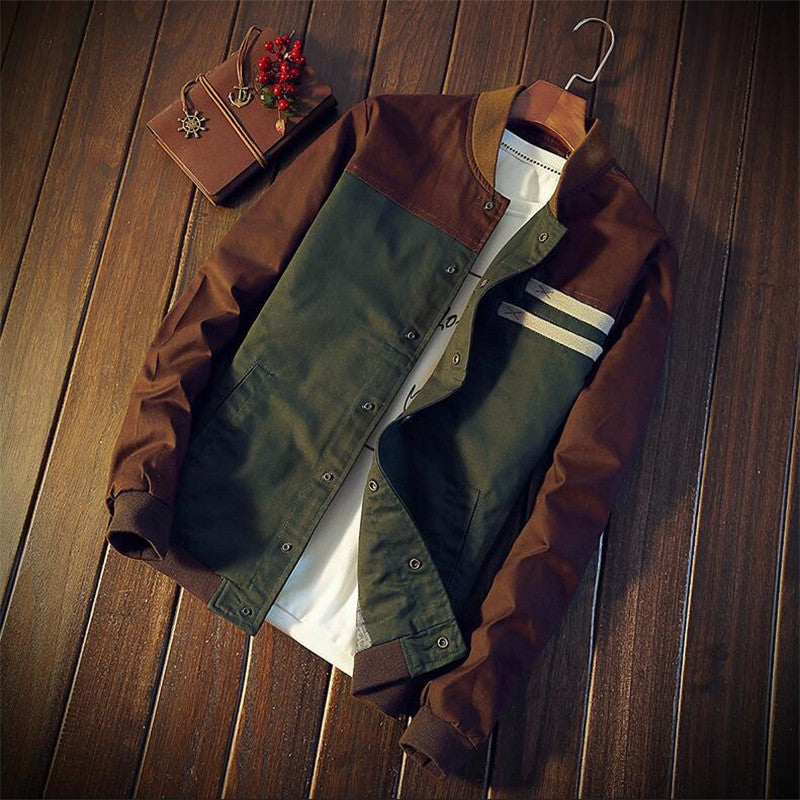 Men's Canvas Bomber Jacket in Field Style with Contrasting Sleeves and Chest Stripes Chichicherry