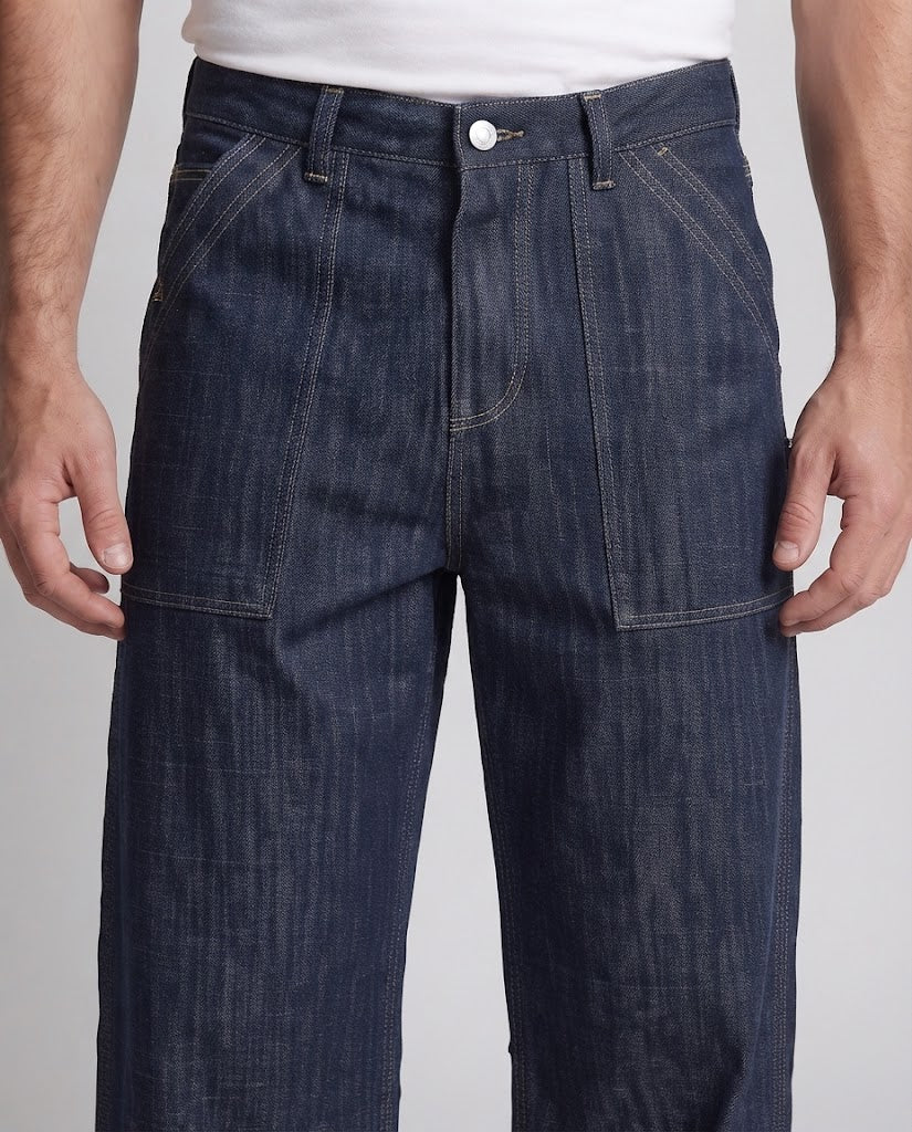 Men's denim palazzo pants in ultra-wide baggy cut with visible decorative seams and mounted front pockets Chichicherry