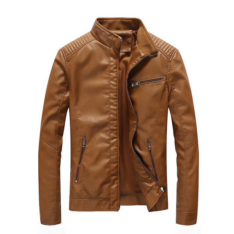Men's Slim-Fit Faux Leather Moto Jacket with Stand Collar, Quilted Shoulder Yoke and Zip Pockets Chichicherry