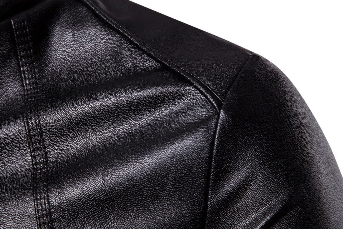 Men's Slim-Fit Leather Look Jacket with Stand Collar, Decorative Seams and Full Zip Chichicherry