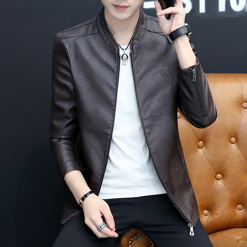 Men's Slim Faux Leather Pilot Jacket with Minimalist Stand Collar Chichicherry