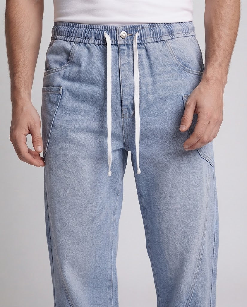 Men's Extra Wide Baggy Denim Pants with Drawstring Waistband and Curved Panels Chichicherry