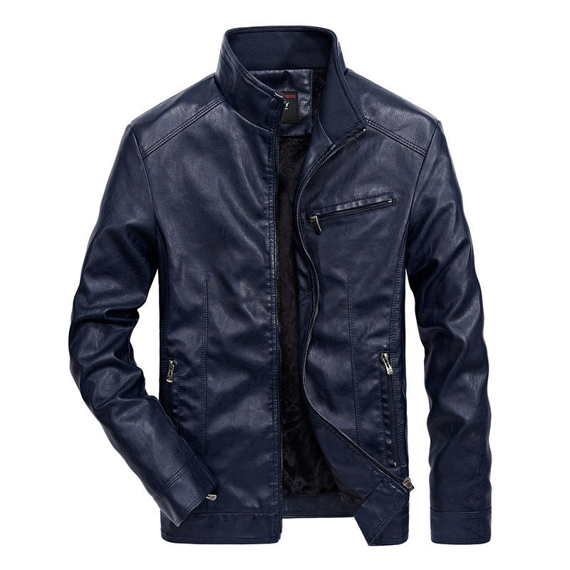 Men's Leather Look Moto Jacket with Stand Collar and Zipper Pockets Chichicherry