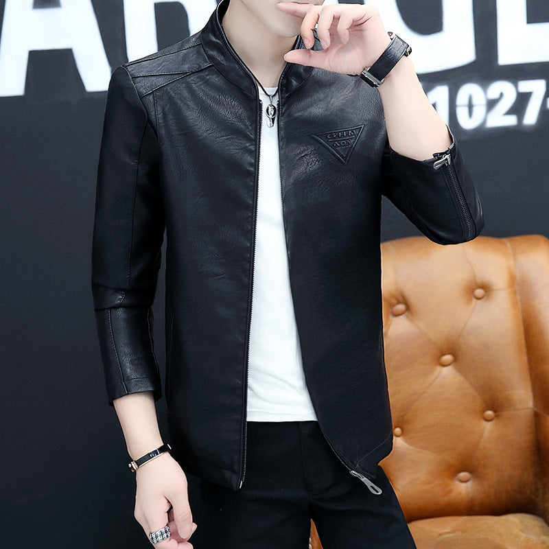 Men's Slim Artificial Leather Blouson in Pilot Minimal Style with Stand Collar and Concealed Zipper Pockets Chichicherry