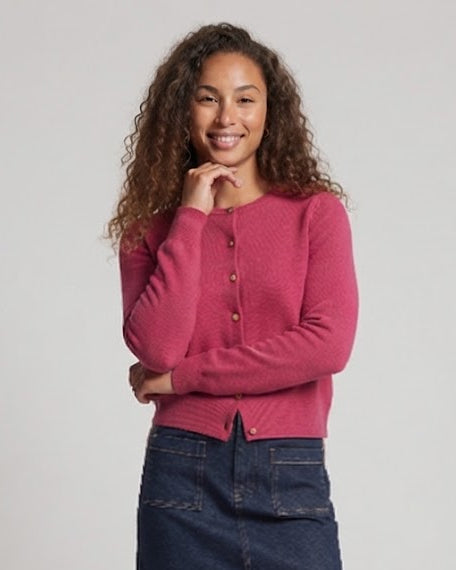 Women's Boxy Button Cardigan made of fine knit with gold shimmering decorative buttons and ribbed finishes Chichicherry