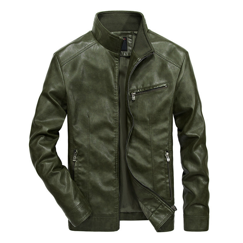 Men's Leather Look Moto Jacket with Stand Collar and Zipper Pockets Chichicherry