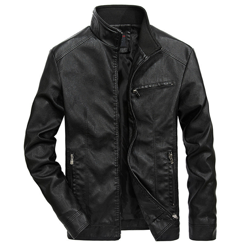 Men's Leather Look Moto Jacket with Stand Collar and Zipper Pockets Chichicherry