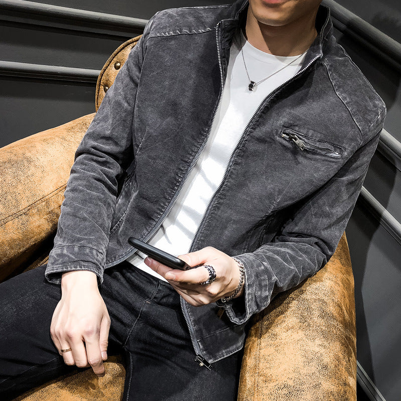 Men's washed cotton blouson jacket in vintage biker style with stand-up collar and chest zipper pocket Chichicherry
