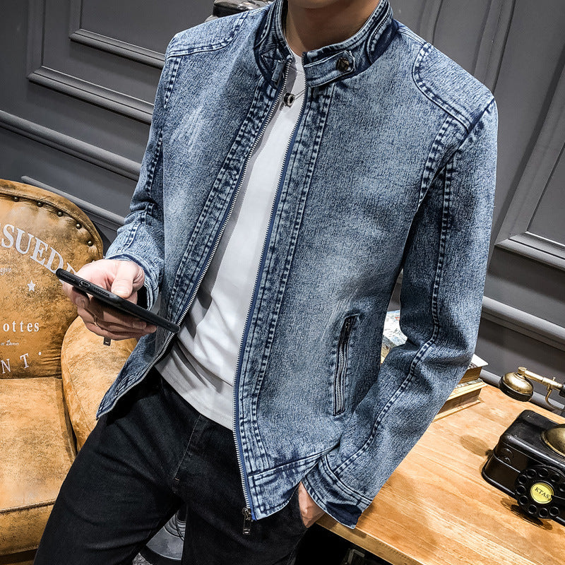 Men's vintage washed denim jacket with stand-up collar and concealed zipper Chichicherry