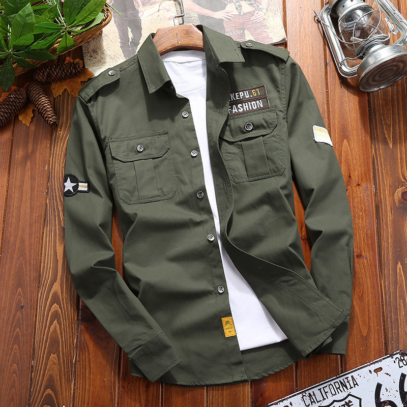 Men's utility shirt jacket made of lightweight cotton canvas with rolled sleeves and chest patch pockets Chichicherry