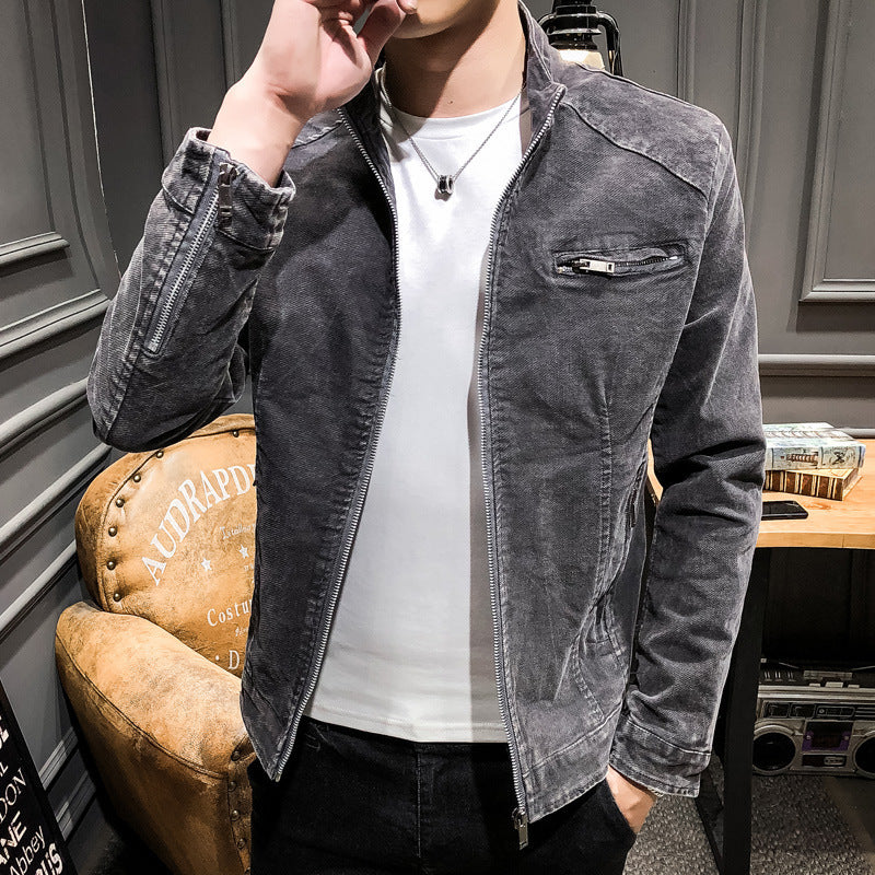 Men's washed cotton blouson jacket in vintage biker style with stand-up collar and chest zipper pocket Chichicherry