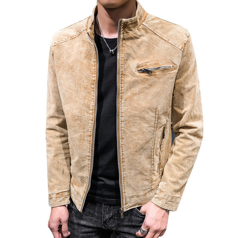 Men's washed cotton blouson jacket in vintage biker style with stand-up collar and chest zipper pocket Chichicherry