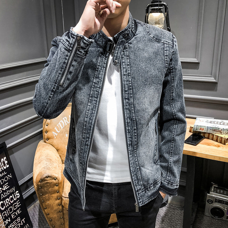 Men's vintage washed denim jacket with stand-up collar and concealed zipper Chichicherry