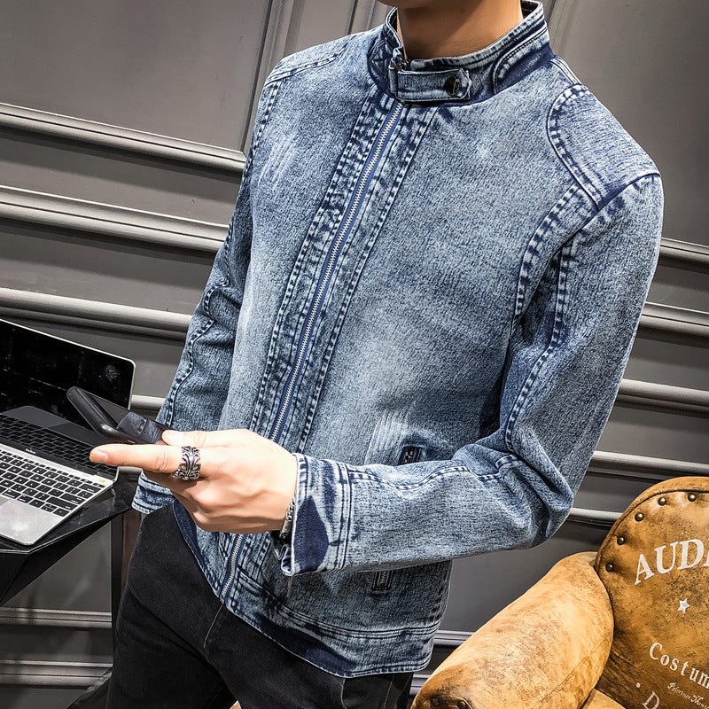 Men's vintage washed denim jacket with stand-up collar and concealed zipper Chichicherry
