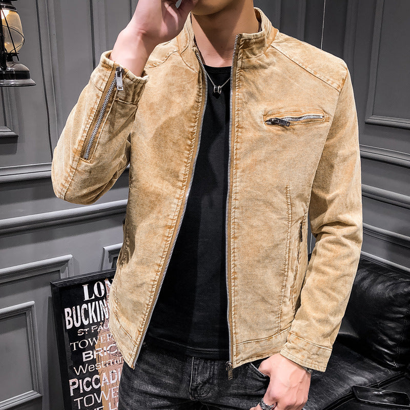 Men's washed cotton blouson jacket in vintage biker style with stand-up collar and chest zipper pocket Chichicherry