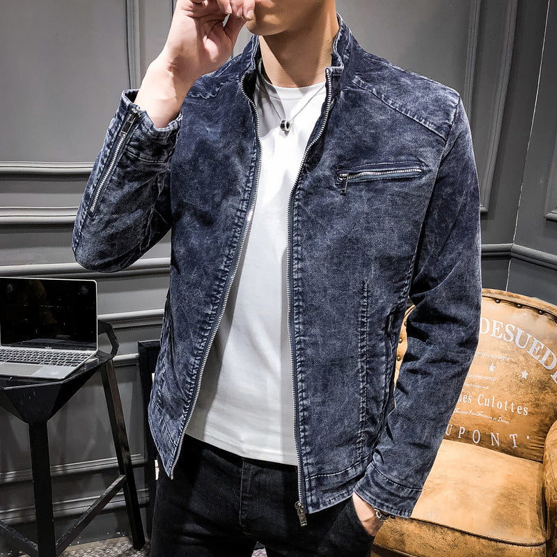 Men's washed cotton blouson jacket in vintage biker style with stand-up collar and chest zipper pocket Chichicherry