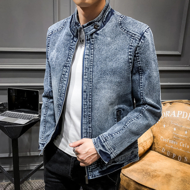 Men's vintage washed denim jacket with stand-up collar and concealed zipper Chichicherry