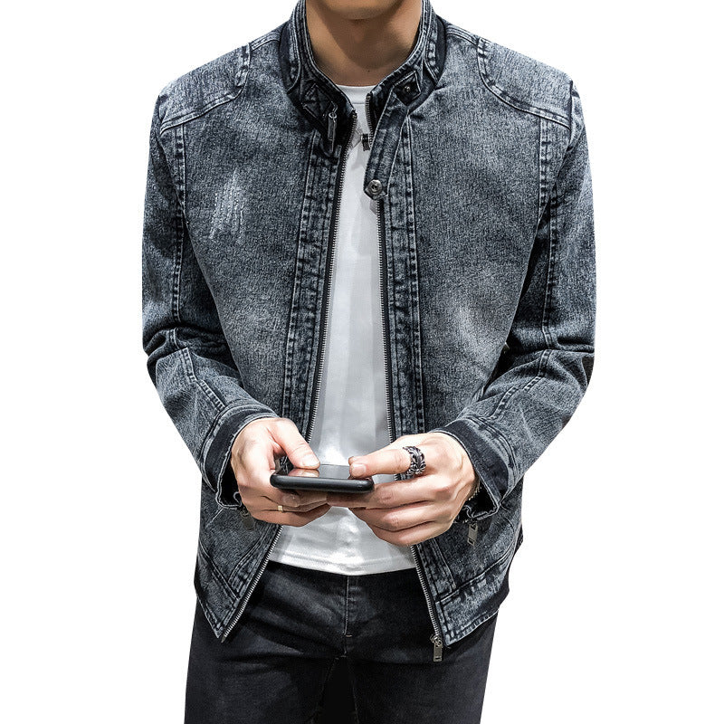 Men's vintage washed denim jacket with stand-up collar and concealed zipper Chichicherry