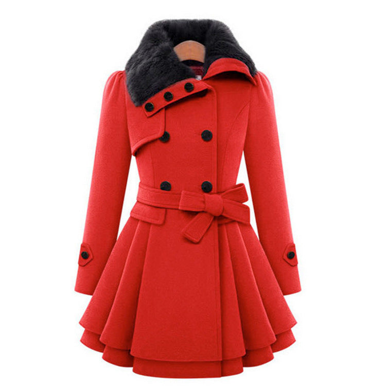 Women A-line wool blend coat with waist belt double-breasted and faux fur collar Chichicherry
