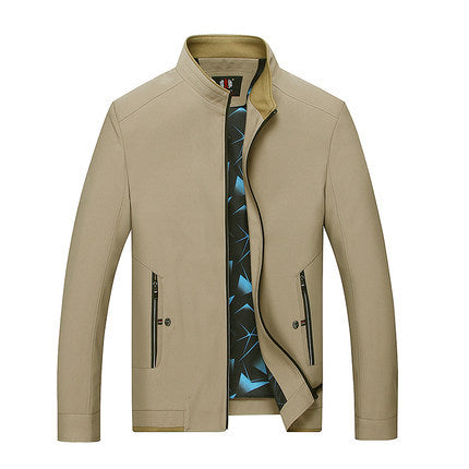 Men's Slim Stand Collar Transition Jacket with Zipper, Water-Repellent Outer Surface and Geometric Lining Chichicherry