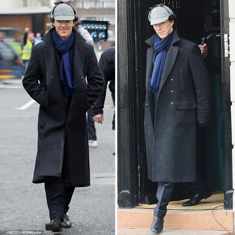 Men's Maxi Length Wool Coat with Subtle Pinstripe Pattern Chichicherry
