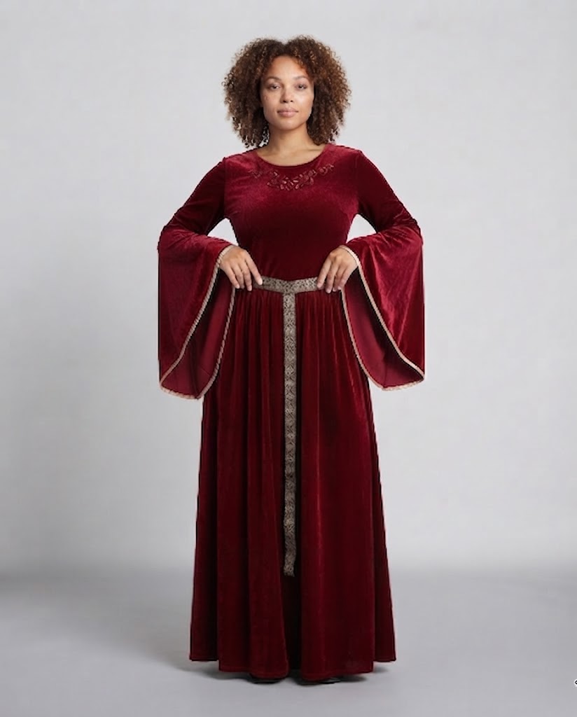 Women elegant velvet dress with wide sleeve and decorative belt Chichicherry