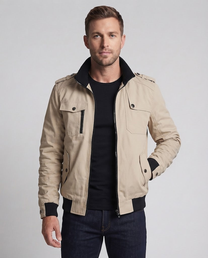Men's short jacket in utility field design with stand-up collar, shoulder epaulettes, and concealed zip pockets Chichicherry