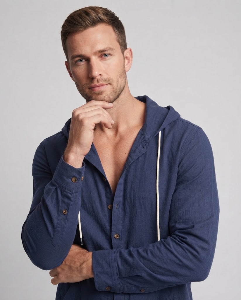 Men's Lightweight Hooded Shirt-Jacket in Linen Look with Button Placket and Kangaroo Pocket Chichicherry