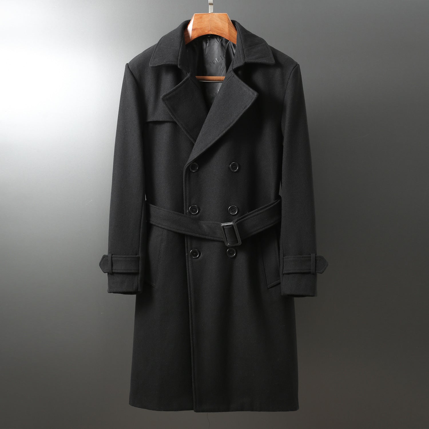 Men's Maxi Long Wool Coat in Trench Look with Double-Breasted Button Placket and Tie Belt Chichicherry