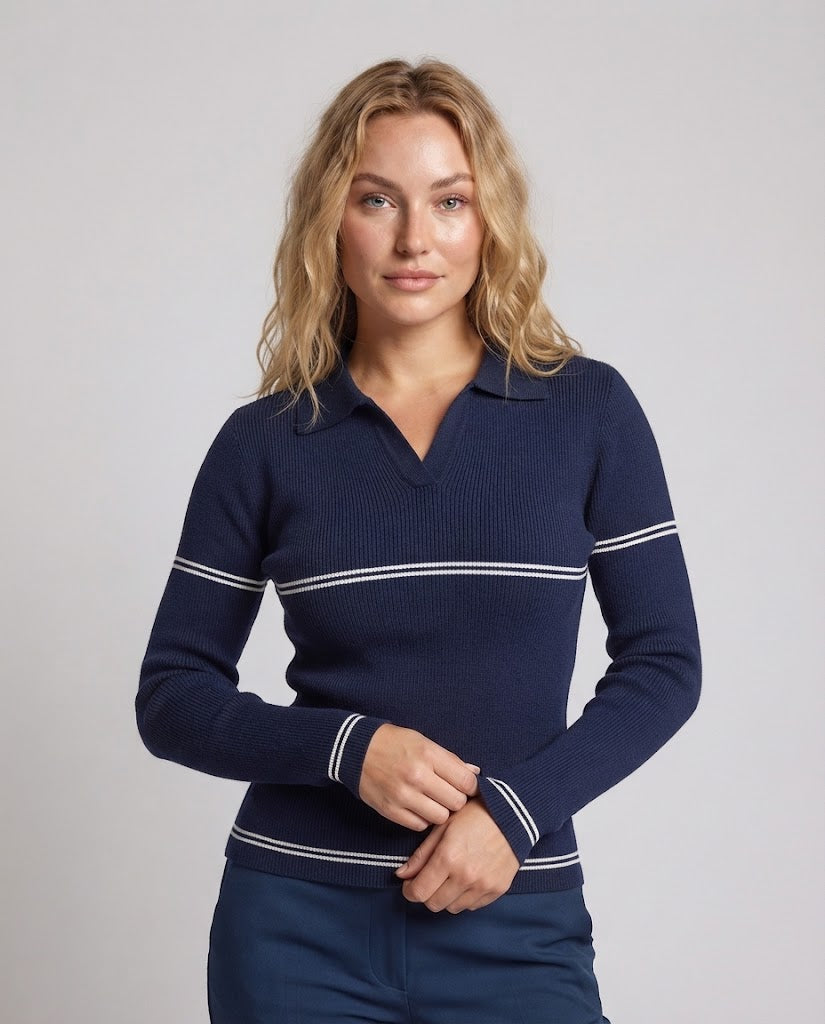 Women's fine knit polo with contrast stripes and narrow rib structure Chichicherry