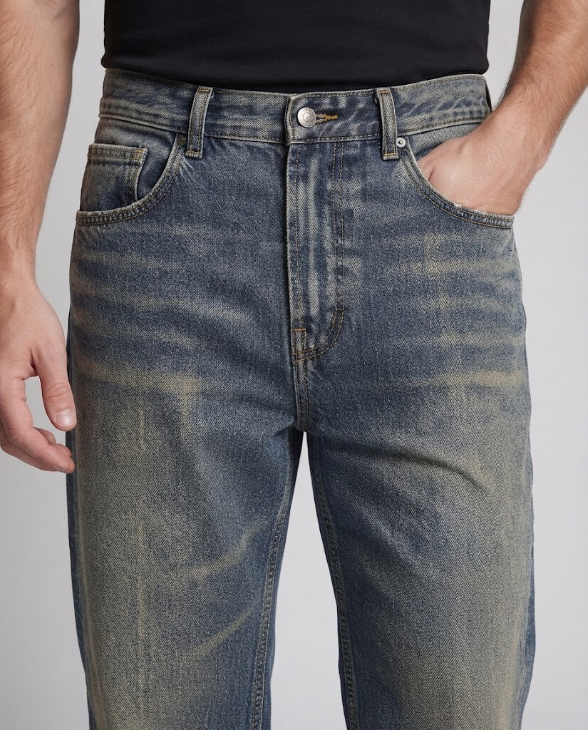 Men's baggy denim pants in retro straight look with soft used effects Chichicherry
