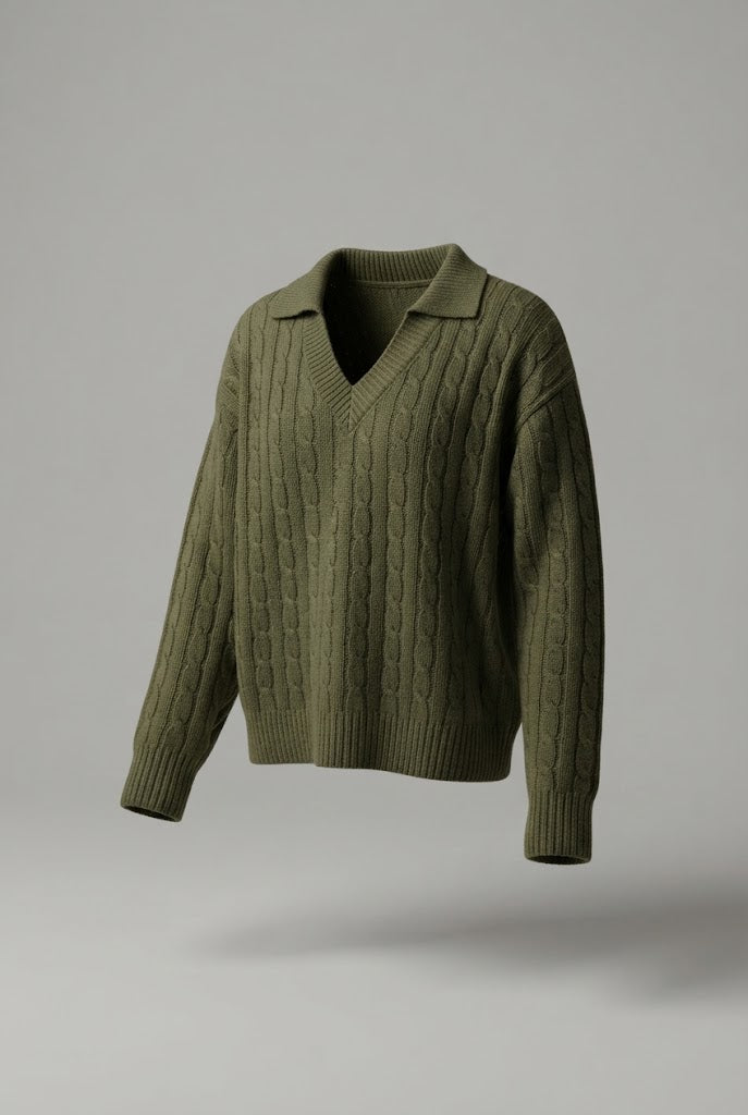 Women Oversize Ribbed Knit Sweater with V-Neck and Shirt Collar Chichicherry