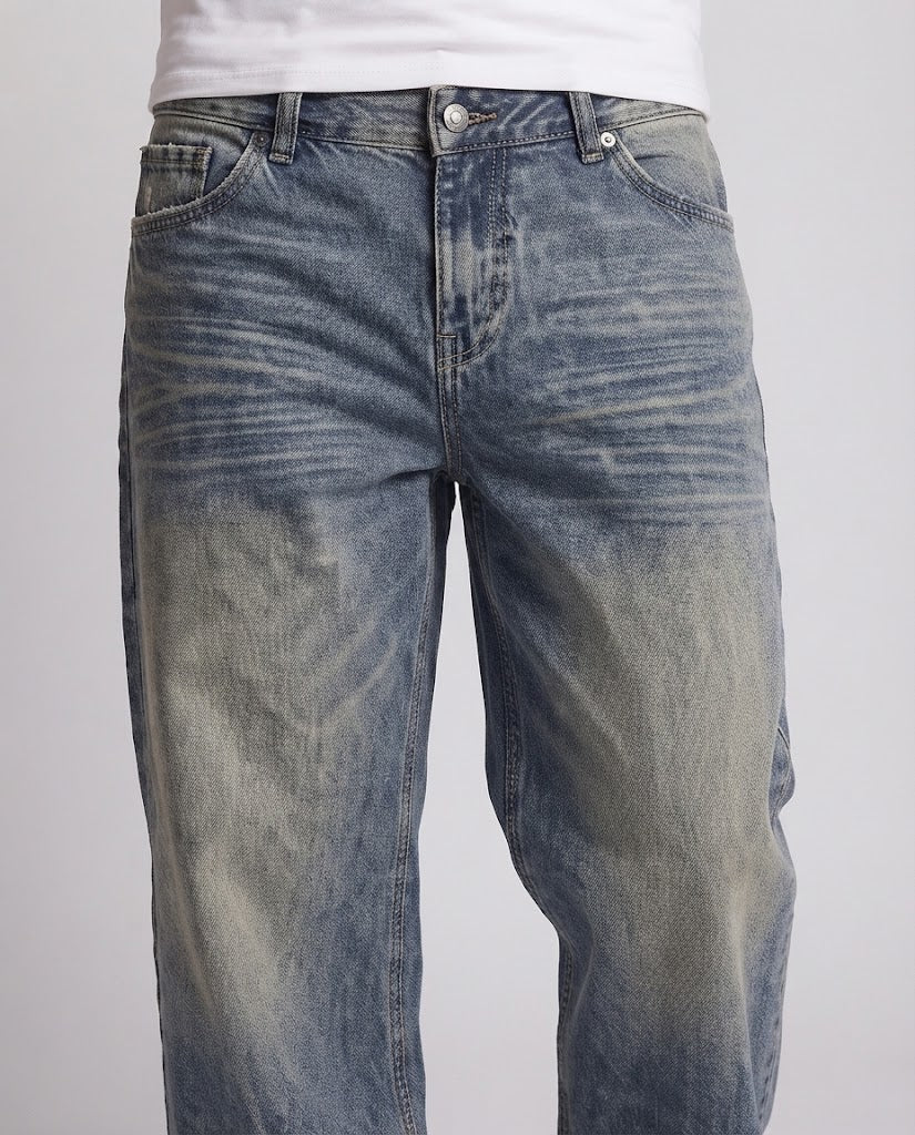 Men's Ultra Wide Vintage Denim Jeans in Palazzo Cut with Soft Fade Details Chichicherry