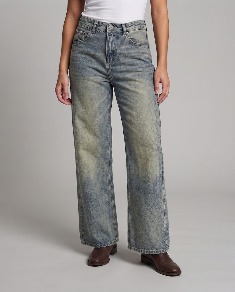 Women High-Waist Denim Flared Pants with Subtle Used Wash and Flared Leg Chichicherry