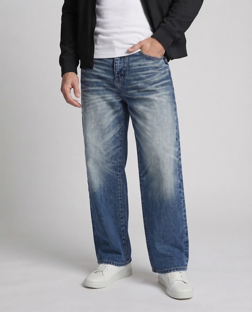 Men's baggy jeans in extra wide palazzo cut with distinctive whisker and ombre fade Chichicherry