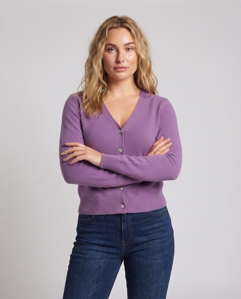 Ladies Fine V-Neck Cashmere Cardigan with Mother-of-Pearl Buttons Chichicherry