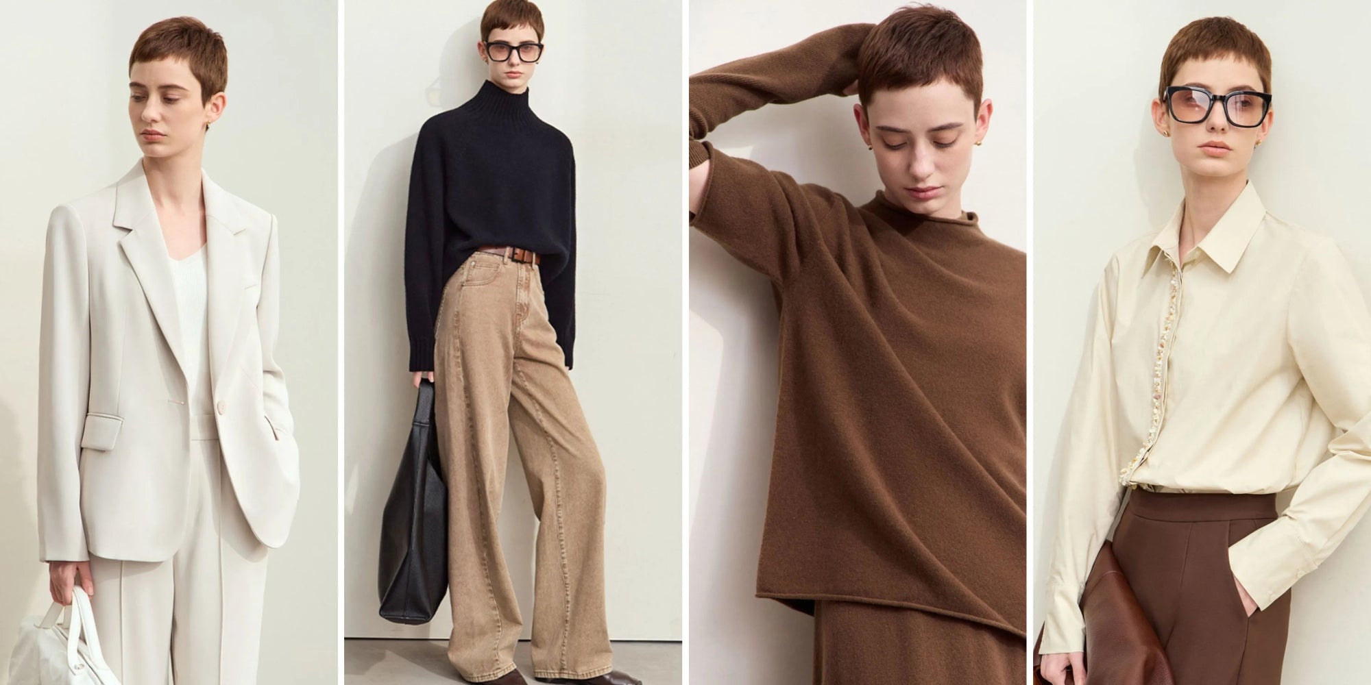 Translation missing: en.Four different outfits worn by a person against plain backgrounds