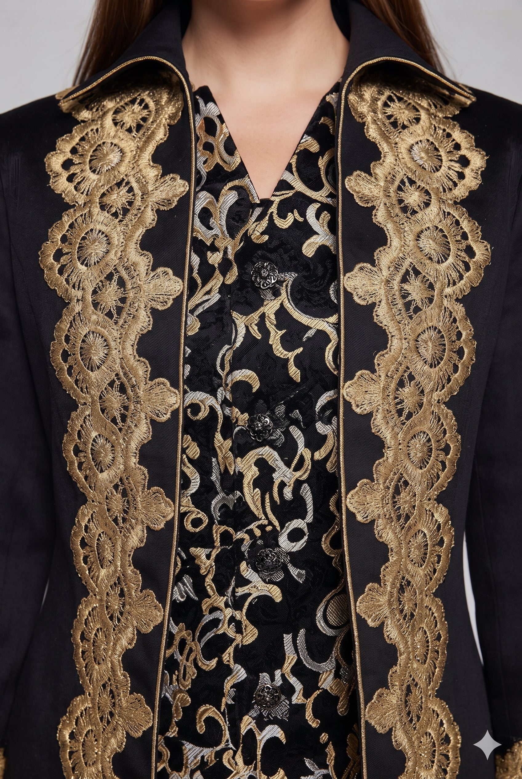 Women's elegant tailcoat with fine gold embroidery and asymmetrical hem Chichicherry