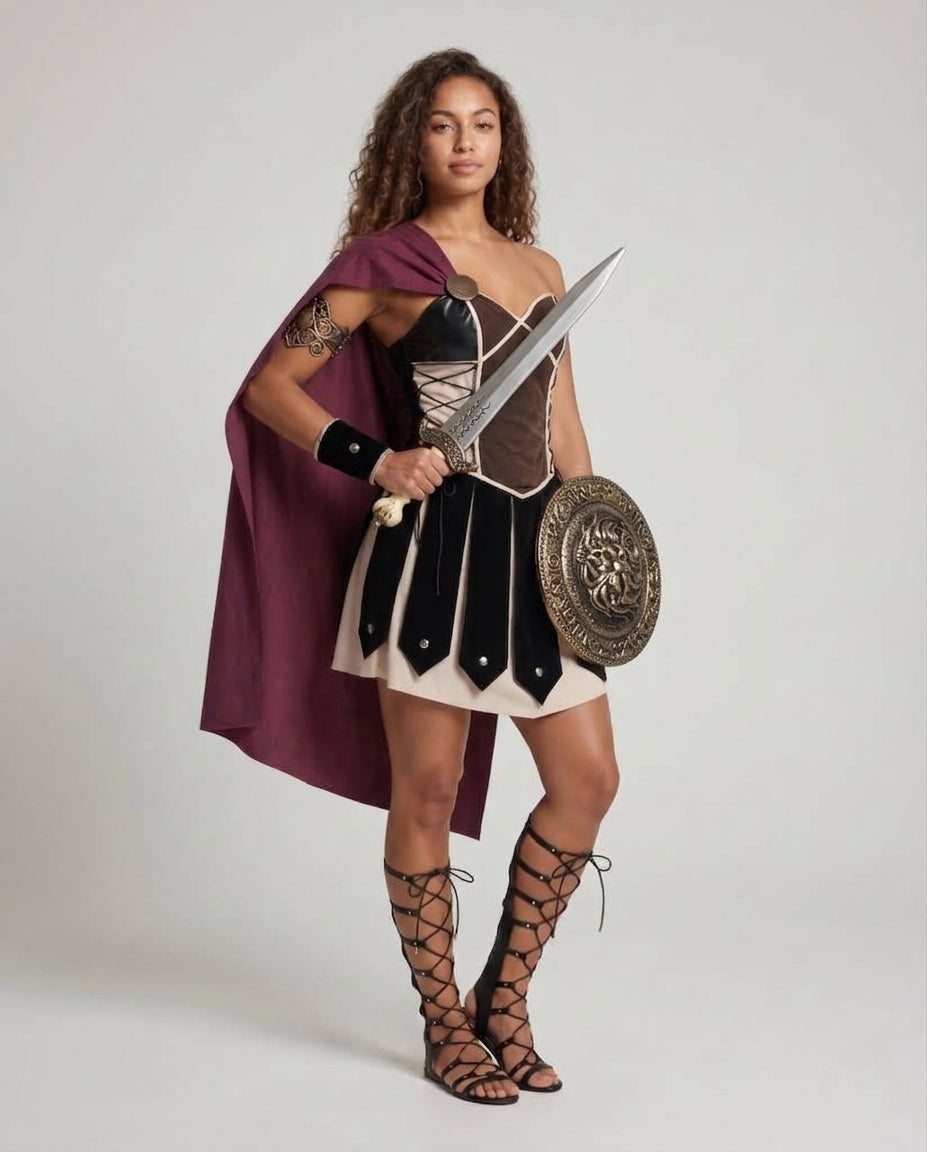 Women's Historical Gladiator Costume with Cloak and Armor Details Chichicherry