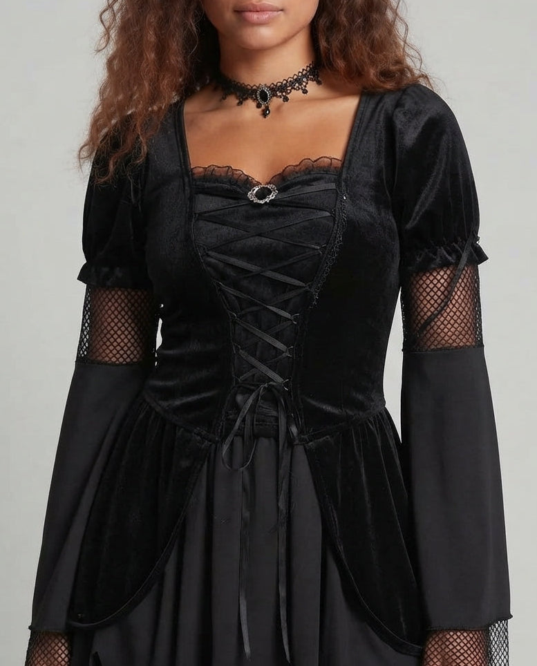 Women's Devil Costume with Voluminous Sleeves and Seductive Lace-Up Detail Chichicherry
