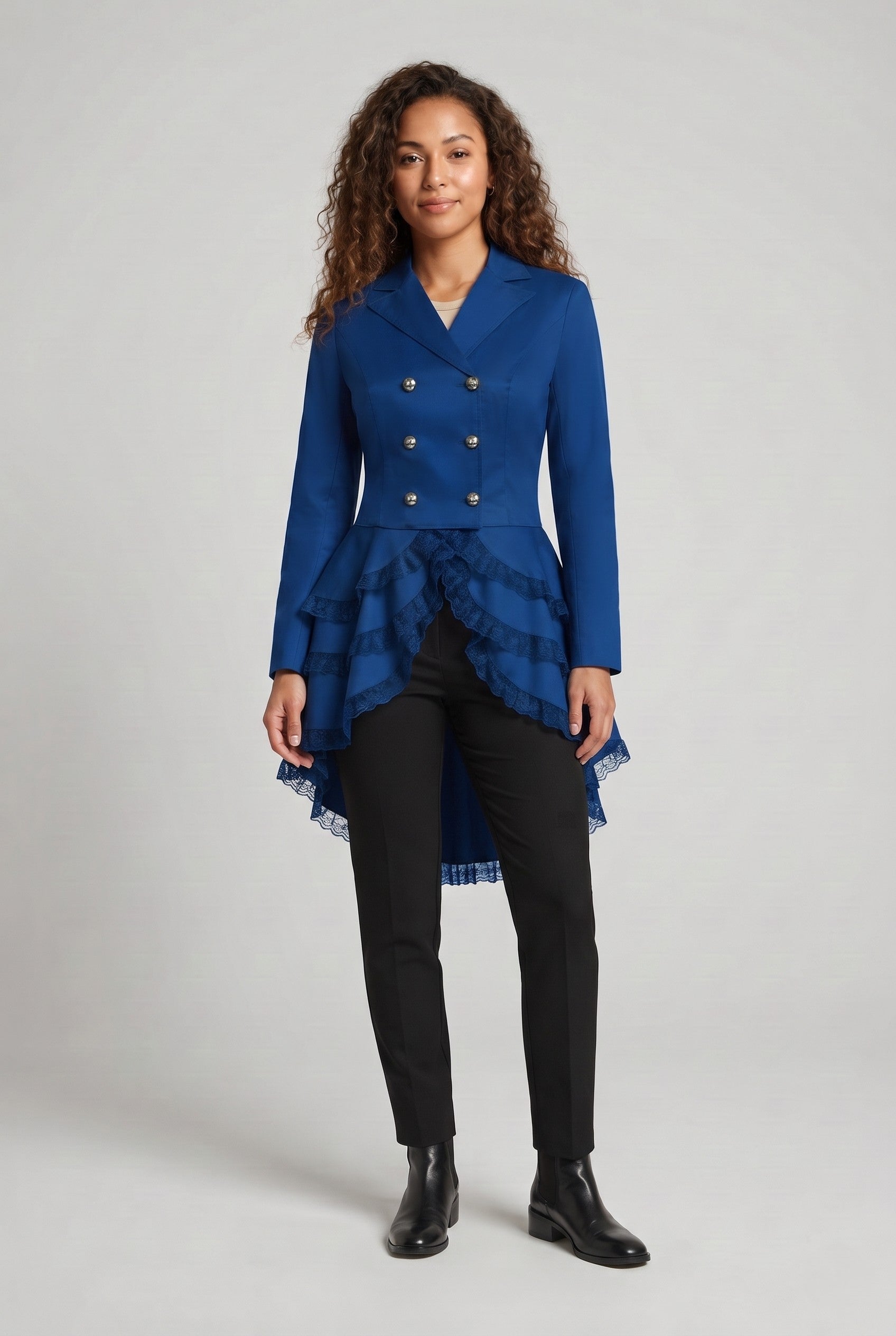 Women Elegant Ruffle Jacket with Deep V-Neck and Double Buttoned Front Chichicherry
