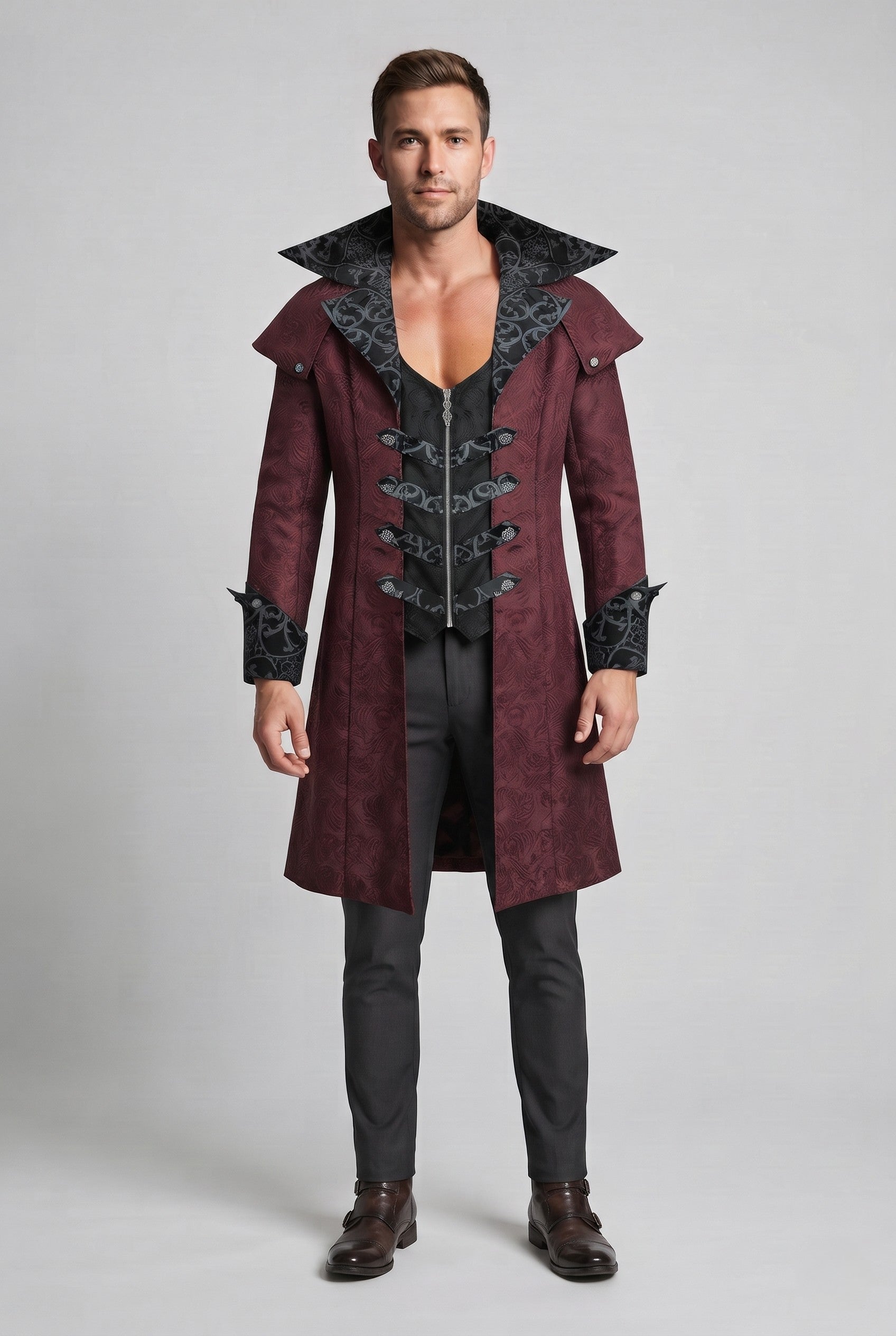 Men's elegant Gothic coat with ornate embellishments and high collar Chichicherry