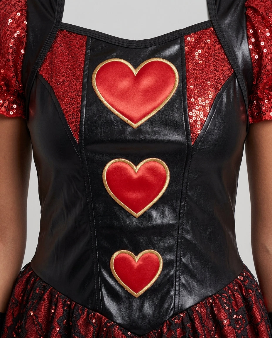 Women's costume in the style of the Queen of Hearts with floral accents and voluminous skirt Chichicherry