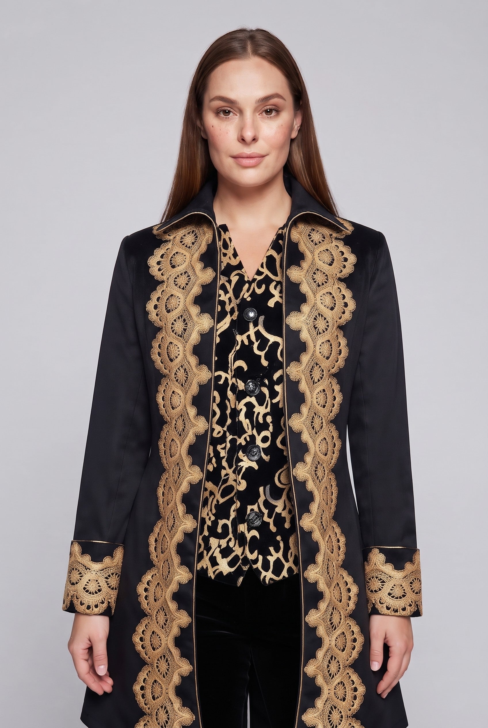 Women's elegant tailcoat with fine gold embroidery and asymmetrical hem Chichicherry