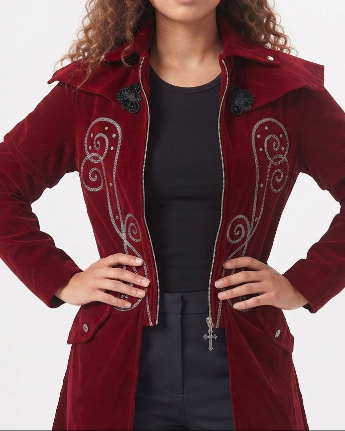 Women Elegant Velour Coat with Artistic Embellishments Chichicherry