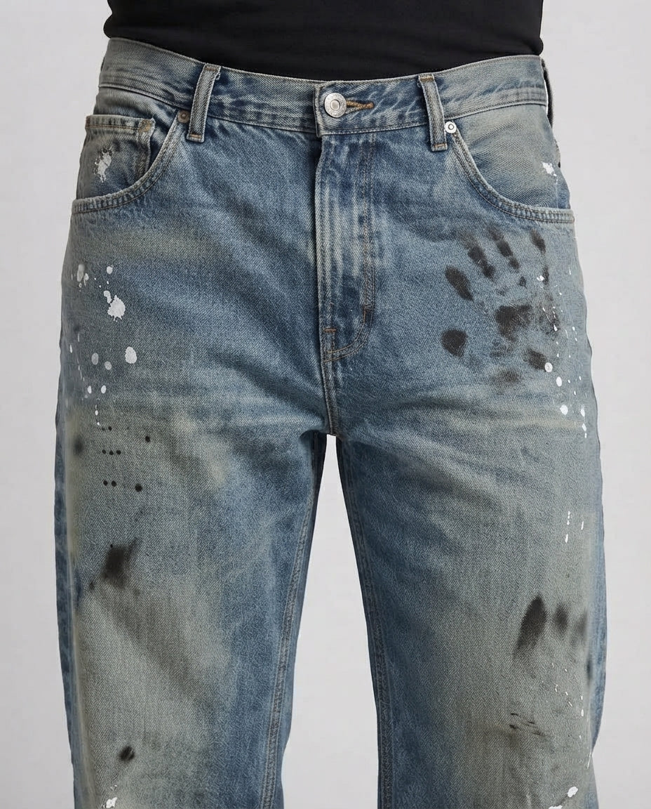 Men's baggy jeans in vintage wash with wide leg, used effect and color splashes Chichicherry