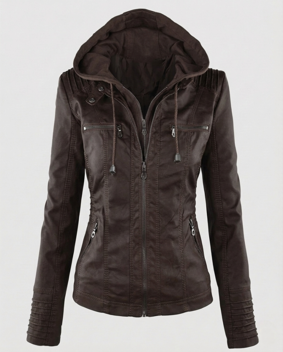 Women's Faux Leather Jacket with Hood