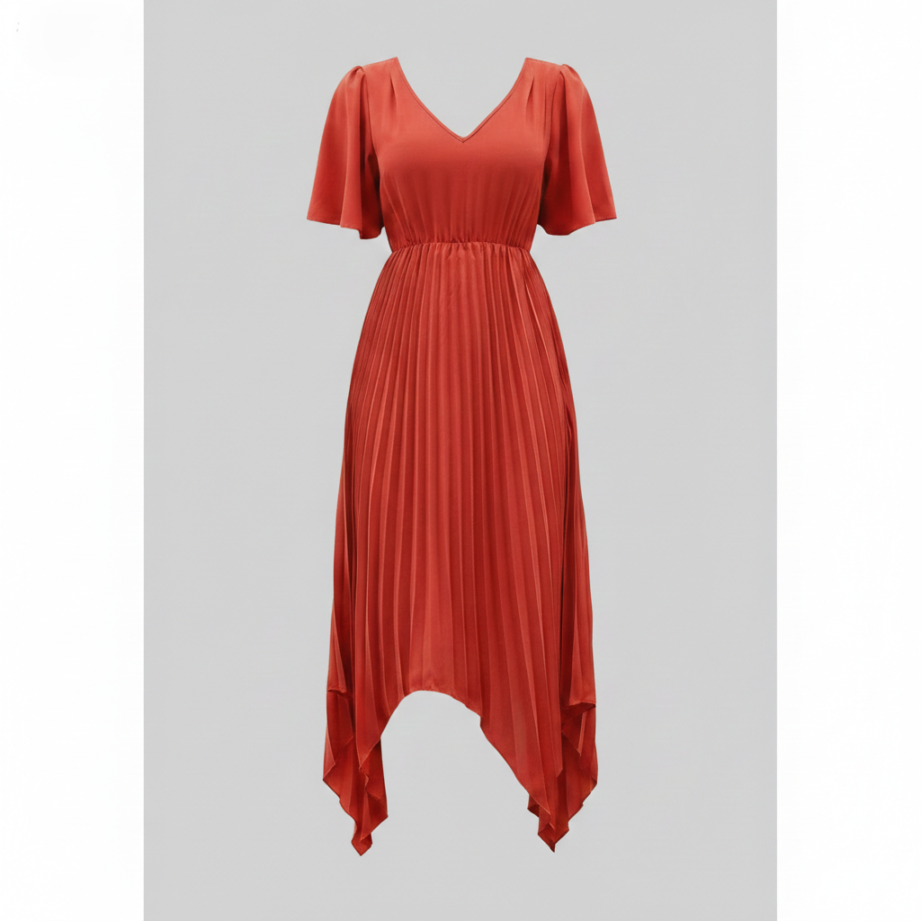 Ladies Midi Dress Pleated with V Neck