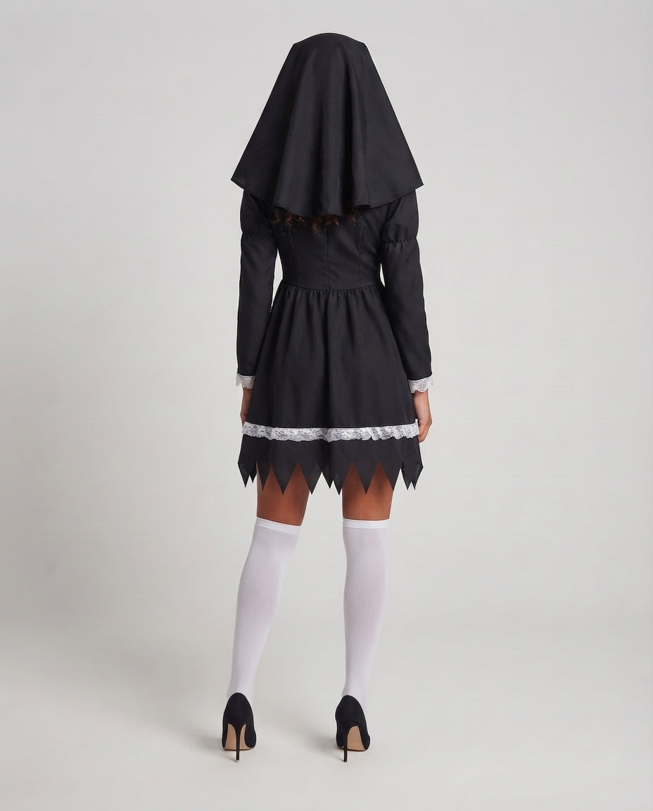 Women Playful Nun Costume with Ruffles and Decorative Overskirt Chichicherry