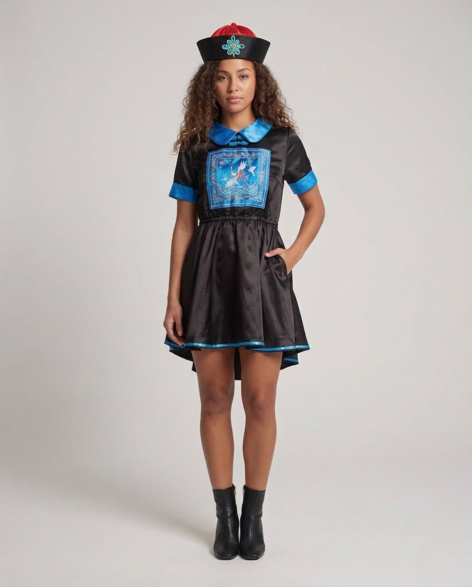 Women's costume as a traditional fairy tale character with a flowing skirt and decorative collar Chichicherry